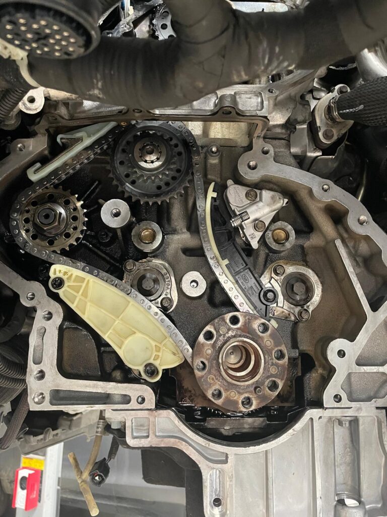 Replacement timing chain, guides and tensioner fitted to Land Rover Ingenium diesel engine