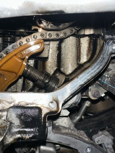 Close-up of Land Rover Ingenium diesel timing chain and guide rail